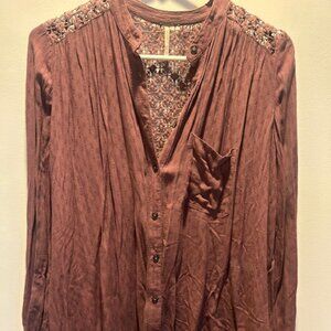 Free People Long Sleeve Top with Lace insert at Shoulders and Back - Maroon